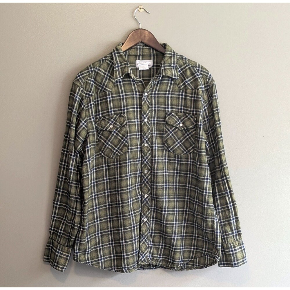 Wrangler Mens XL Pearl Snap Shirt Green Plaid Long Sleeve Western Wrancher Plaid